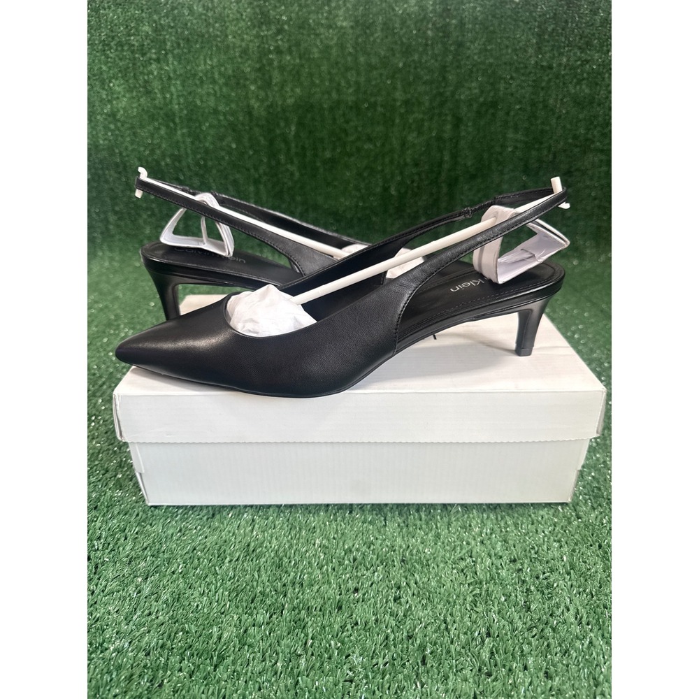 Calvin Klein Women Black Leather Dainty 2 Slingback Kitten Heel Pumps  11M